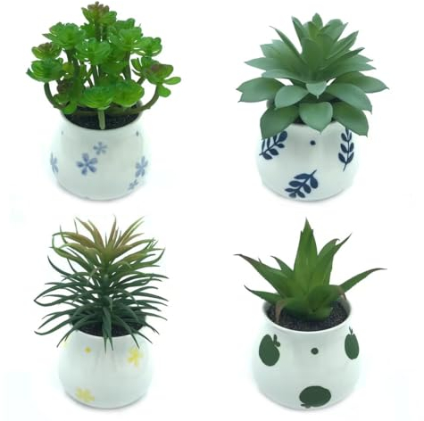 PASCH® 4er Set künstliche Sukkulenten wie echt in handbemalten Keramiktöpfen: Sukkulenten künstlich | Pflanzen Deko Wohnzimmer | Bad Deko Pflanzen künstlich | Büro Deko Pflanze | Kunstpflanze klein