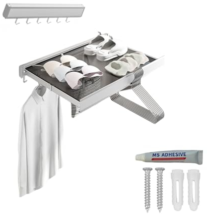 MAGIC SELECT Wandmontierte Wäscheleine, Faltbare Wäscheleine mit einziehbarem Wäscheständer für Terrasse, Schlafzimmer, Küche, kompaktes Aluminium. 44x4.7x2.2cm