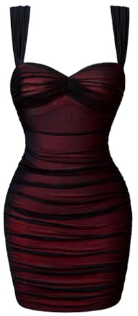 LAGSHIAN Women's Summer Sexy Bodycon Sleeveless Tank Straps Mesh Ruched Mini Party Dress Black Red