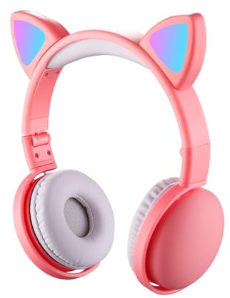 Kids Girls Childrens Cat Bluetooth Headphones Wireless Noise Cancelling Wired Cat Over Ear Foldable Bluetooth Headphones With Mic Pink Earphones Computer Headset for ipad Airplane Tablet Laptop PC