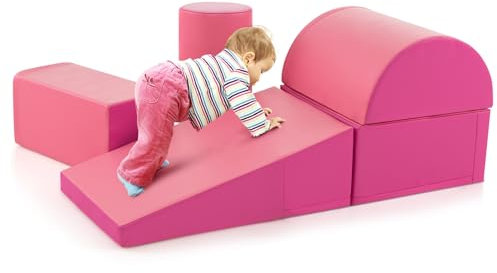 COSTWAY 5 TLG. Schaumstoffbausteine, Riesenbausteine zum Toben und Klettern, Softbausteine aus Schaumstoff, Großbausteine Mehrfarbig, Bauklötze für Babys und Kleinkinder (Pink)