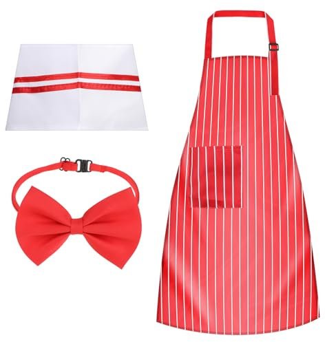 Kochschürze Set, Verstellbare Küchenschürze Damen Schürze mit 2Taschen Rot und Weiß Gestreift Grillschürze Gartenschürze mit Kochmütze und Fliege Schürzen Gastronomie für Kochen, Backen, Hausarbeiten