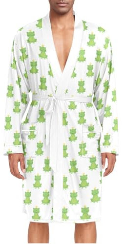 ZZXXB Lustiger Frosch mit Krone, Herren-Nachtwäsche, leicht, langärmelig, Spa-Bademantel mit Taschen, M-XL, grün, L