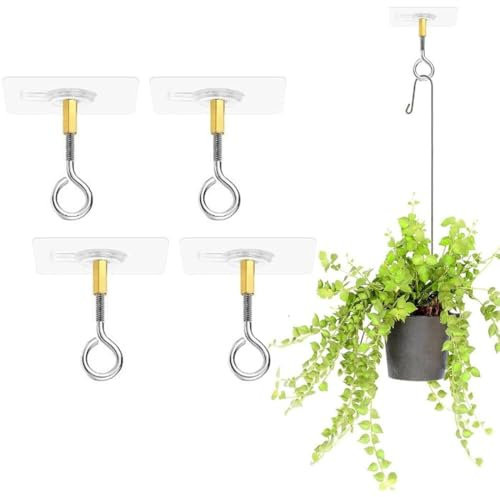 QEDBOJE 4 Pièces Crochets de Plafond Autocollants Sans Perçage, Transparent pour Plantes Suspendues avec Crochets en Acier Inoxydable, Adhésifs