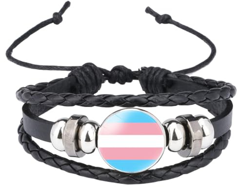 OAKKY Unisex Aleación 18mm Cool Rayas de Colores Transgénero Bandera Trenzado a Mano Cuero Trenzado LGBT Orgullo Ajustable Pulsera Negro