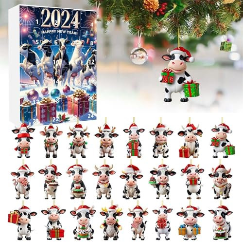 Cow Adventskalender 2024 | 2D Acryl Kuh Anhänger Weihnachtskalender 2024 | 24 Tage Weihnachts Countdown Kalender mit Kuhmotiv | Kuh Ornamente Christmas Vacations Adventskalender Kinder Erwachsene