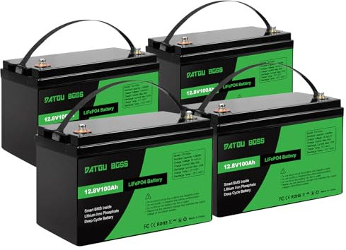 DATOUBOSS Batterie 12V 100Ah LiFePO4, batterie lithium 1280Wh avec BMS 100A, 4500-15000 cycles profonds, prise en charge en connexion série/parallèle, pour camping-car, panneau solaire (4 pièces)