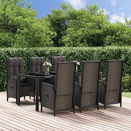 HEFZGDB 7-TLG. Garten-Essgruppe mit Kissen Schwarz und Grau Poly Rattan Gartenstühle Gartenmöbel Set Gartentisch Geeignet für Terrasse, Garten, Pool.