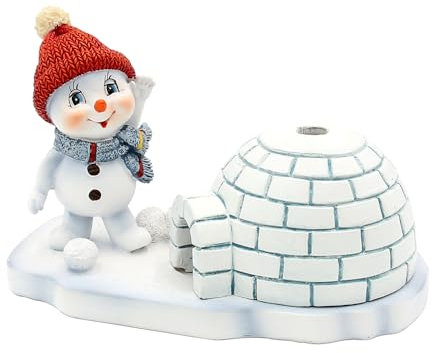 Keramik Schneemann - Deko, Winterkind, Schneemann, Räuchermännchen, Rauchfigur, Schneekind mit roter Mütze und Schal am Iglu und Räuchermann - Funktion, L/B/H 12 x 8 x 12 cm.
