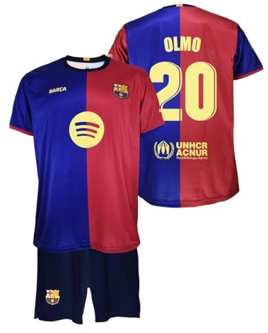 FCB Fußball Club Barcelona T-Shirt und Hose OLMO 20 zur Erstausstattung der Saison 2024/2025, offizielle Replik mit Lizenz, für Kinder, Blau/Weinrot, 10 Jahre