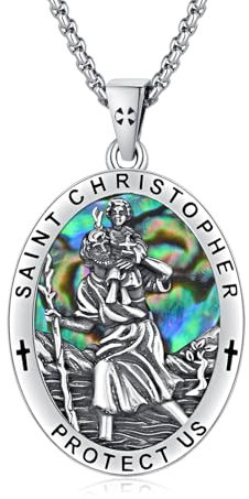 ZIPPICE Heiliger Christophorus Anhänger Silber 925 Saint Christopher Halskette St. Christopher Kette Amulett Halskette Schmuck für Herren Damen Frauen Männer with 22+2 Edelstahl Kette (Abalone)