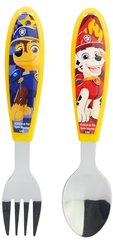 STOR Kinderbesteck Set 2-teilig Paw Patrol Edelstahl Gabel und Löffel mit dekoriertem Griff BPA-frei für Kinder | Chase und Marshall in bunten Griffen - Edelstahl - BPA-frei - Offizielle Lizenz 2024