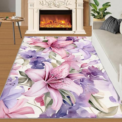 schlafzimmerteppich mädchen 70x140 rutschfest waschbar botanisches blumenmuster floral teppich damen weicher low flor teppich vintage pflanzen pfingstrose rosa