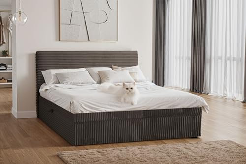 Kaiser Möbel - Bett 200x200 cm, Boxspringbett mit Bettkasten und Topper, Cord Schlafzimmerbett, Doppelbett mit Stauraum und Gepolstertes Kopfteil, Toppermatratze aus Viscoschaum - Trento - Braun