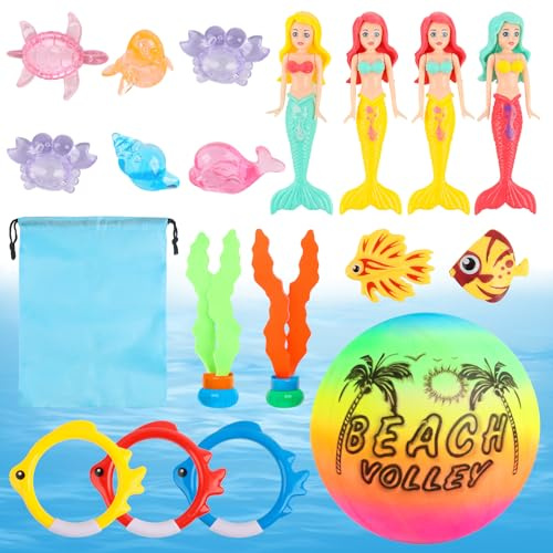 Unterwasser Tauchspielzeug Set, 19 Stück Pool Tauchen Spielzeug Kinder, Tauchen Meerjungfrauen, Tauchringe, Algenspielzeug, Wasserball, Piratenschätze, für Jungen Mädchen Schwimmbad Spielzeug