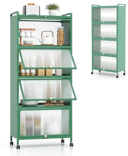KOMFOTTEU Estantería de Cocina de 5 Niveles, Armario con 4 Ruedas y Puertas Transparentes, Mueble de Almacenamiento de Metal con Dispositivo Antivuelco para Comedor, 60 x 32 x 154 cm (Verde)