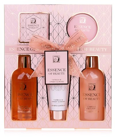 SALSA - ESSENCE OF BEAUTY - Duschset Geschenkset für Frauen mit Duschgel, Schaumbad, Bodylotion, Peeling & Badesalz, Badeset als luxuriöse Geschenkidee für Damen Duft: Vanilla & Sweet Almond