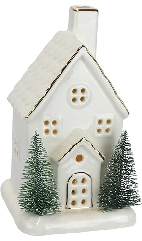 LED Porzellan Weihnachtshaus batteriebetrieben weiß Gold 20cm Tannenbaum Weihnachtsdeko beleuchtet Christmas Village Haus Winterdeko Keramik Miniatur Häuschen Tischdeko Advent
