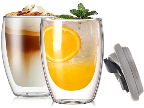 Guokanfly 350ML Double Walled Glass Coffee Mugs, Set of 2 Glass Mugs, Insulated for Heat and Cold, Clear Glass Coffee Cups with Lid for Latte Cappuccino Tea Milk Juice (with lid)