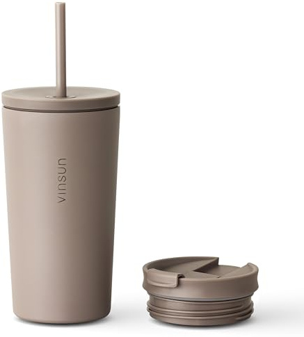 VINSUN Travel Mug with Straw 480ml, Leak-Proof Stainless Steel Thermal Mug | Double-walled Insulated Tumbler with Straw and Lid for Hot & Cold Drinks, Slim 70mm Diameter, BPA-free with Silicone Seal