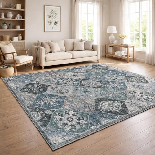 Paco Home Vintage Wohnzimmerteppich Kurzflor Boho Stil Waschbar & rutschfest pflegeleicht modernes Retro Design, Farbe:Türkis, Größe:240x340 cm
