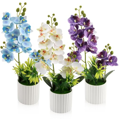 LEIMEND 3 Pezzi Orchidea Finta Realistica Orchidee Finte Blu Viola Bianco | Orchidee Finte Realistiche Fiori Artificiali per la Tavola l'arredamento l'ufficio le Decorazioni per Matrimoni