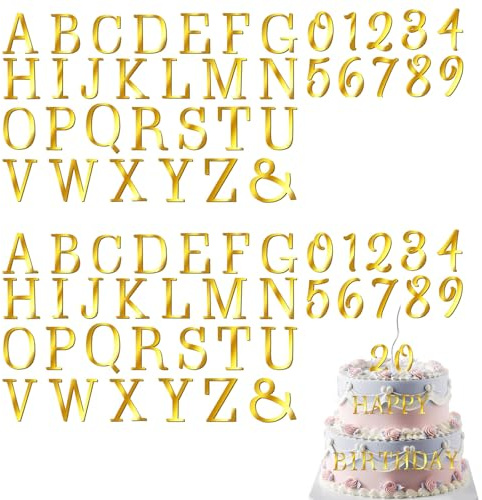 Floruvia 74 Stück Buchstaben Und Zahlen, Personalisierbare A-Z & 0-9 Acryl Kuchen Dekoration, Ideal Für Hochzeit, Jahrestag, Babyparty, Geburtstagsfeier (Gold)