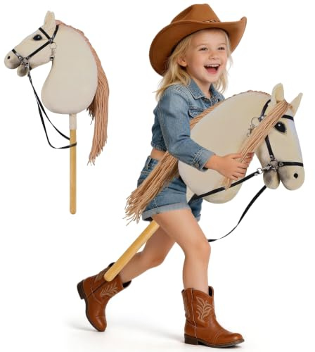 Arkyomi Steckenpferd Kinder Hobby Horse für Kinder, Steckenpferd Spielzeug Pferd mit Halfter und Zügeln, Holzpferd Plüschpferd Stockpferd (Khaki)