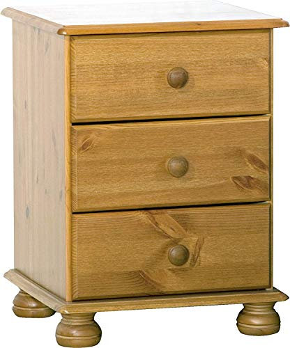 Moblit Mesita de Noche con Tres Cajones Realizada en Madera de Pino Maciza, Color Miel Serie Canet Medidas (55x48x34) cm. (altoxanchoxfondo) Robusta y Duradera para Salón y Dormitorio