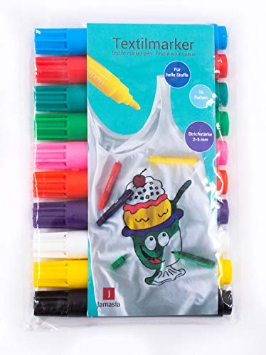 Jamasia 999202 - 10er Textilmarker Set zum Bemalen von Stoff, 10 Stoffmalstifte im Etui, Textilstifte mit Strichstärke von 2 bis 5 mm, Textilmalstifte in 10 verschiedenen Farben