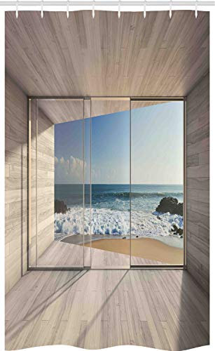 ABAKUHAUS Ozean Schmaler Duschvorhang, Wellen Felsen Strand Foto, Badezimmer Deko Set aus Stoff mit Haken, 120 x 180 cm, Beige Blau Weiß