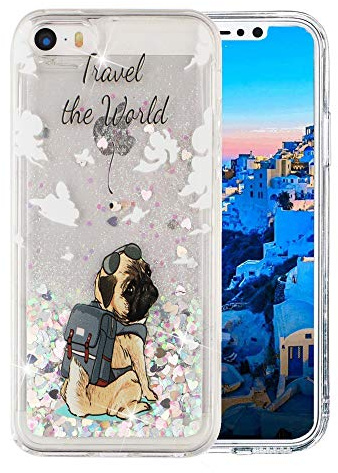 COTDINFOR iPhone 5S Case Liquid Glitter Cute Clear Sparkle Moving Quicksand Protective Cover Shockproof Soft Silicone Phone Case for iPhone 5 / 5S / SE Smart Dog XYLS.