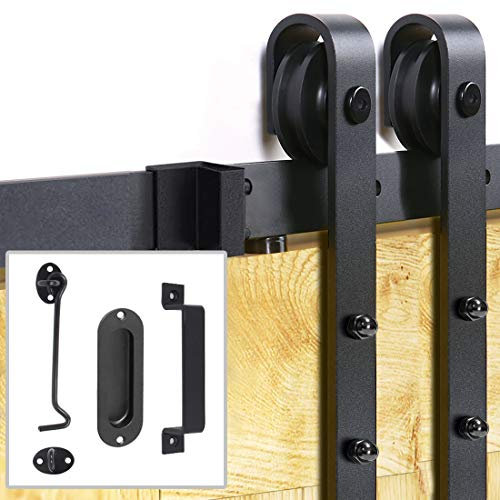Signstek 6.6FT/200CM Sliding Barn Door Kit for Internal Wooden Sliding Door Wardrobe Track with Door Hook and 2 Handles - for Interior Hardware Doors Black (J Shape Hanger)