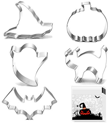 Halloween Cookie Cutters - 5 pieces Large Cookie Cutters Shape - Pumpkin, Bat, Ghost, Cat and Witch Hat Shapes for Halloween Food Party Decorations