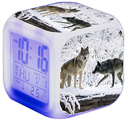 Nicole Knupfer Wolf Wecker Kinder Wecker LED Night Nachttischwecker Quadrat Beleuchteter LCD Uhr Wake Up Wecker Geschenk Muster Wolf (#7)