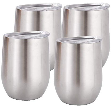 Gteller 12 oz Stainless Steel Wine Tumbler Stemless Glasses with Lid, Double Wall Insulated Travel Mug Perfect for Wine, Coffee, Drinks, Champagne, Cocktails, Colorful (silver4pcs)