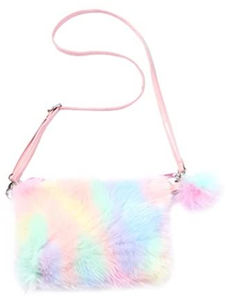 PRETYZOOM Tie Dye Pelzigen Plüsch Crossbody Schulter Geldbörse Regenbogen Faux Pelz Handtasche für Mütter Tag Frauen Brieftasche Tasche