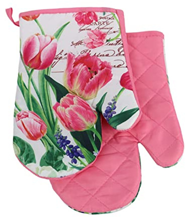 Euromat 2 TLG. Set Topfhandschuhe mit Magnet Grillhandschuhe Backhandschuhe Ofenhandschuhe Kochhandschuhe Küchenhandschuhe (Rosa Weiß Grün Blumen-Tulpen F20A866)