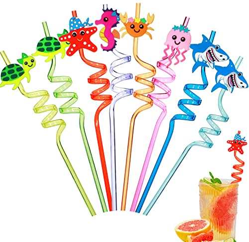 Powmag Lot de 8 Pailles Plastique, Pailles Plastique de Qualité Alimentaire, Pailles en Plastique Rigide, Pailles Ocean Animal, Lot de 8 Pailles Spirales Fournitures de Fête d'anniversaire des