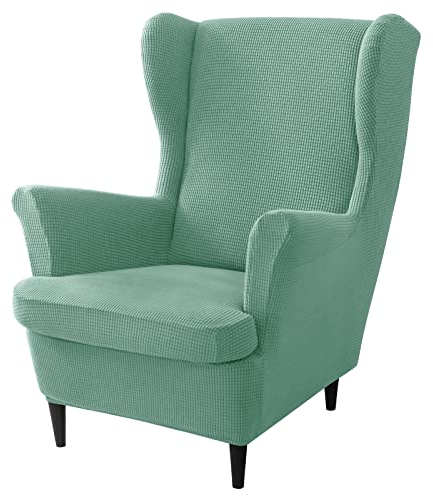 JHLD 2 Stück Stretch Husse für Ohrensessel, weiche Jacquard Ohrensessel Schonbezug Mit elastischem Boden Sesselbezug Husse für Ohrensessel Für Wohnzimmer -grün-2 Stück