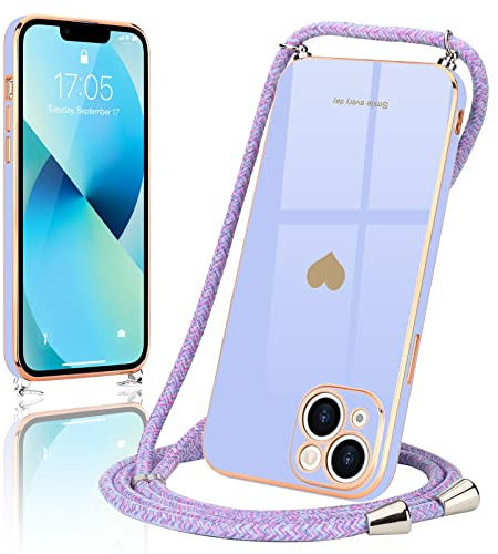 Wirvyuer Handyband Kompatibel mit iPhone 13 Handyhülle Necklace Hülle mit Band zum Umhängen Kameraschutz Liebesherz Schutzhülle mit Halsband Galvanik Silikon Umhängetasche für iPhone 13 Lila