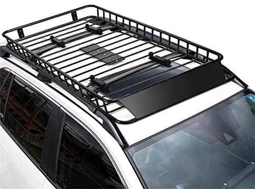 TANGZON 162 x 99 x 15cm Steel Roof Rack Basket Tray, Expandable Universal Luggage Cargo Carrier with Wind Fairing, Rooftop Luggage Holder for Car SUV & Truck, 113kg Load Capacity