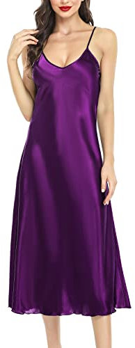 Lovasy Camicia da Notte in Raso Donna Sexy Sottoveste Lunga Seta Babydoll Spalline Regolabili Vestaglia con Scollo a V,Viola Scuro XXL