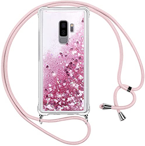 Vauki Coque pour Samsung Galaxy S9 Plus avec Cordon,Paillette Liquide Transparent Crystal Glitter Housse,Protection Antichoc Silicone Souple TPU Bumper Case,Réglable Collier pour Samsung S9 Plus,Rose