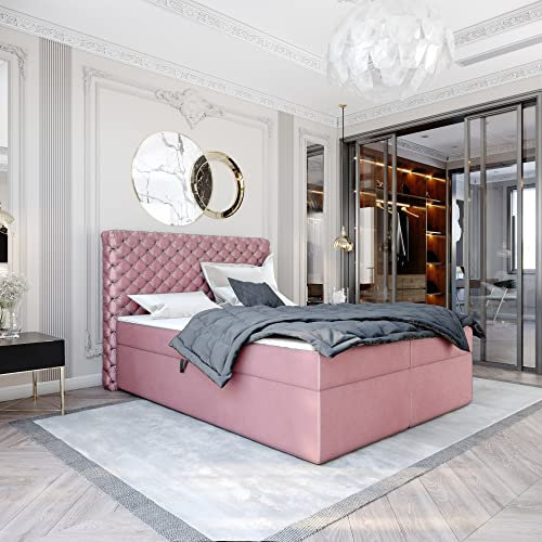 Boxspringbett Doppelbett EXFORD - 140x200cm Bett mit Bonellmatratze, mit Bettkasten für Bettwäsche und Topper. EIN Bett mit einem klassischen Chesterfield-Kopfteil. (Magic 2257, 140x200)