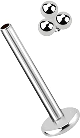 Ohr Piercing Stecker, Labret Stud in 1,2 x 7 mm mit Innengewinde und drei Kugeln in Silber
