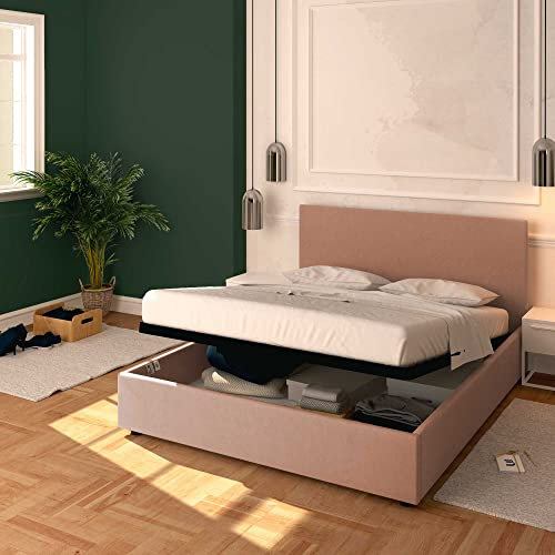 Baldiflex Letto Matrimoniale con Contenitore Modello Rossano in Tessuto, Rete a Doghe, per Materassi Singoli 160x190 cm, Elegante Testiera, Colore Rosa Antico
