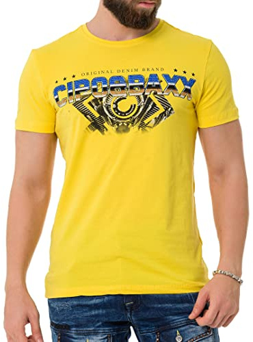 Cipo & Baxx Herren T-Shirt Print Strass-Schriftzug Kurzarm CT721 Gelb M
