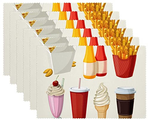 Tischsets 4er Set, Esstisch Tischset, waschbare Tischsets,Hamburger Hot Dog Fries Ice Cream Donut Switches