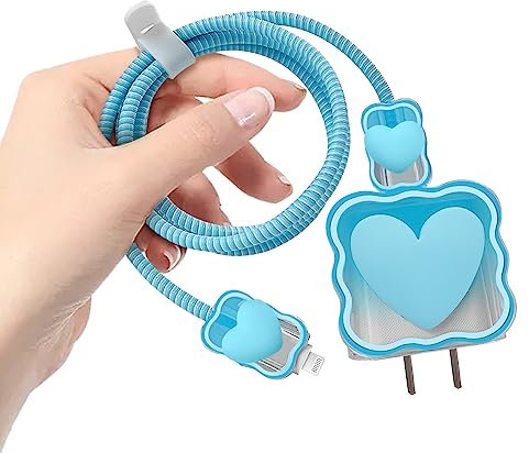 Cute Waves DIY Cable Protector for iPhone Charger,Kawaii 3D Love Heart Design,Data Cable USB Charger Data Line Phone Wire Saver Protector for iPhone 11 12 13 14 Pro Max XS XR X 7 8 Plus-Blue